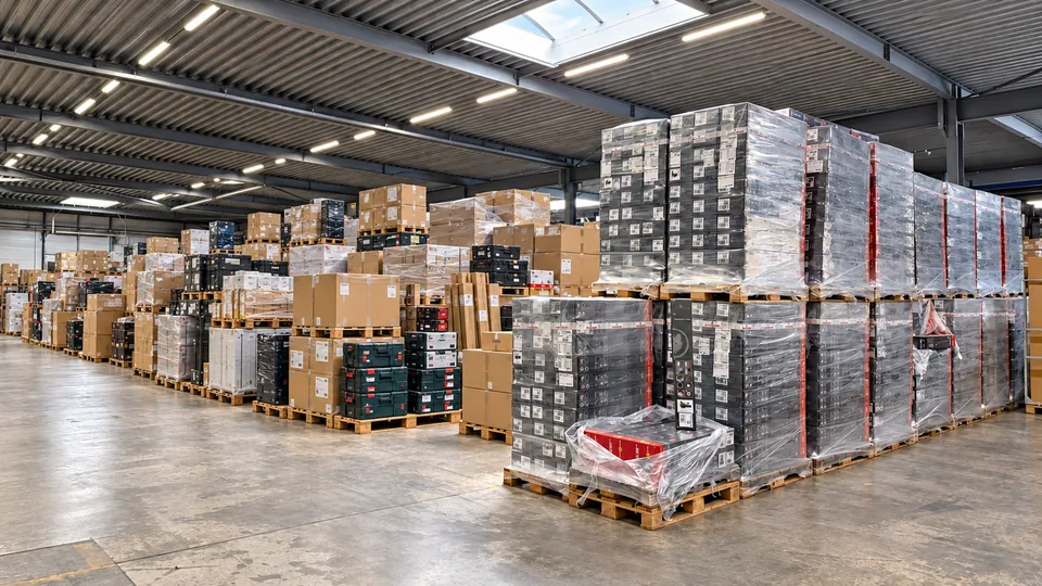 Grote voorraadpartijen met verschillende verpakte goederen op pallets in een magazijn.