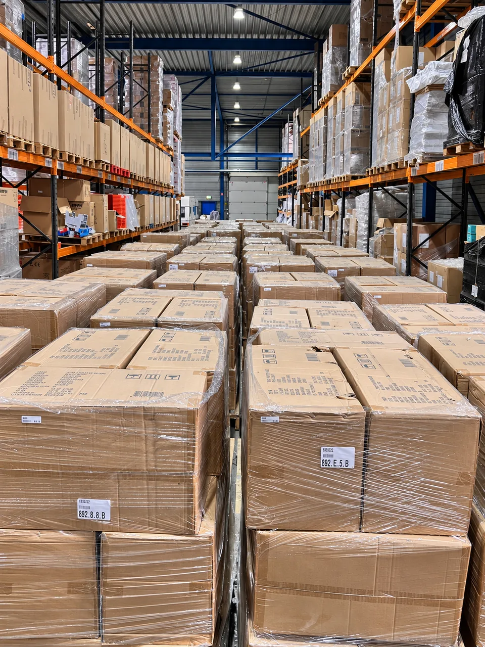 Een magazijngang met veel verpakte goederen en gevulde stellingen.