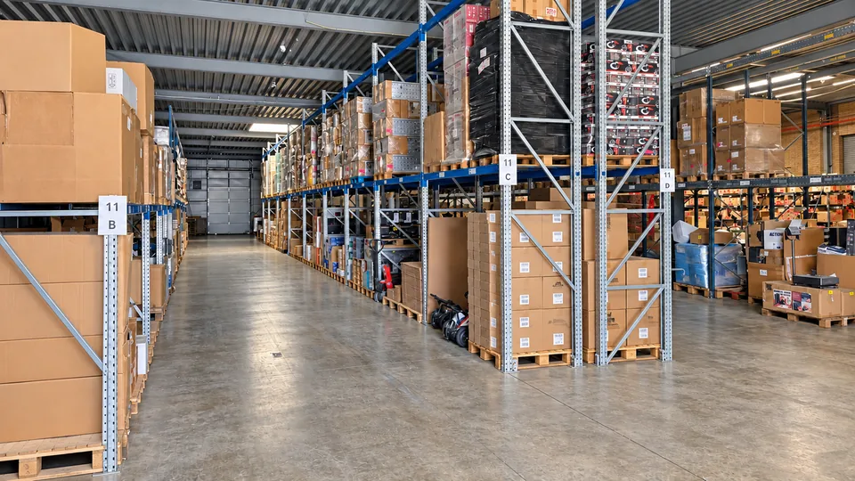 Een opgeruimde magazijngang met gevulde palletstellingen en verschillende goederen.