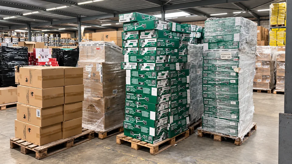 Meerdere pallets met verpakte gereedschappen en kartonnen dozen.