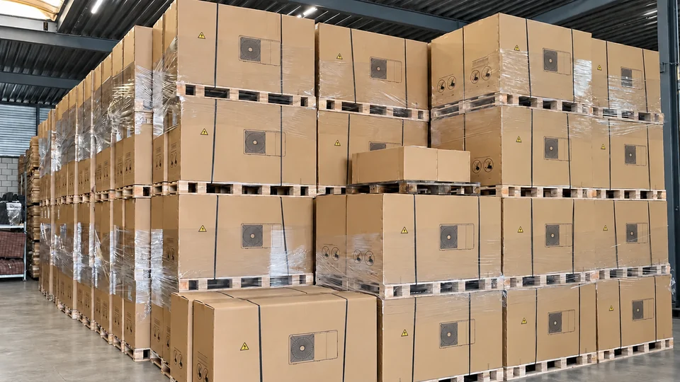 Een grote partij verpakte warmtepompen, gestapeld op pallets.