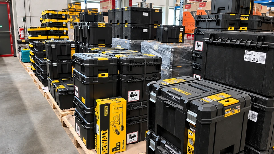 De nombreux coffrets d’outillage et articles emballés regroupés sur palettes.