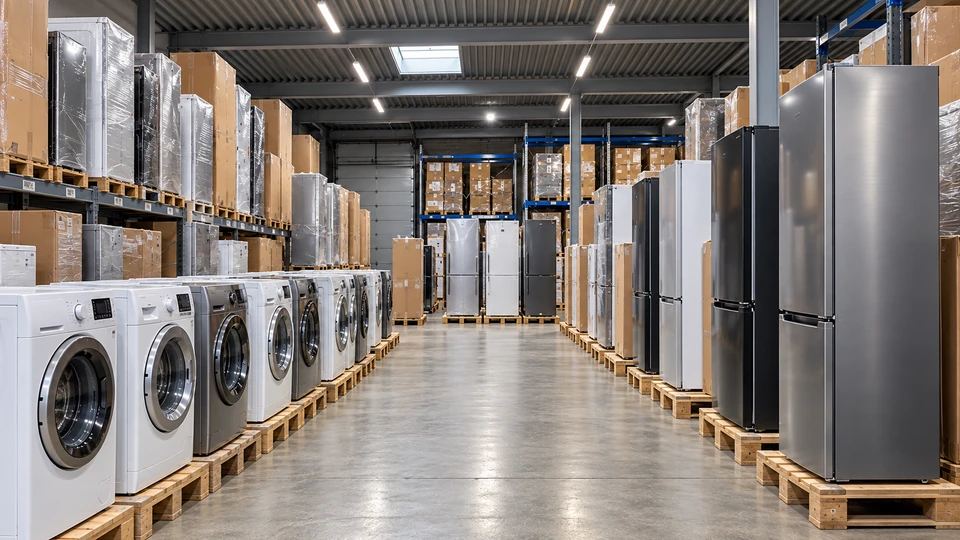 Illustrative appliance stock with refrigerators and washing machines beneath a flat warehouse roof.